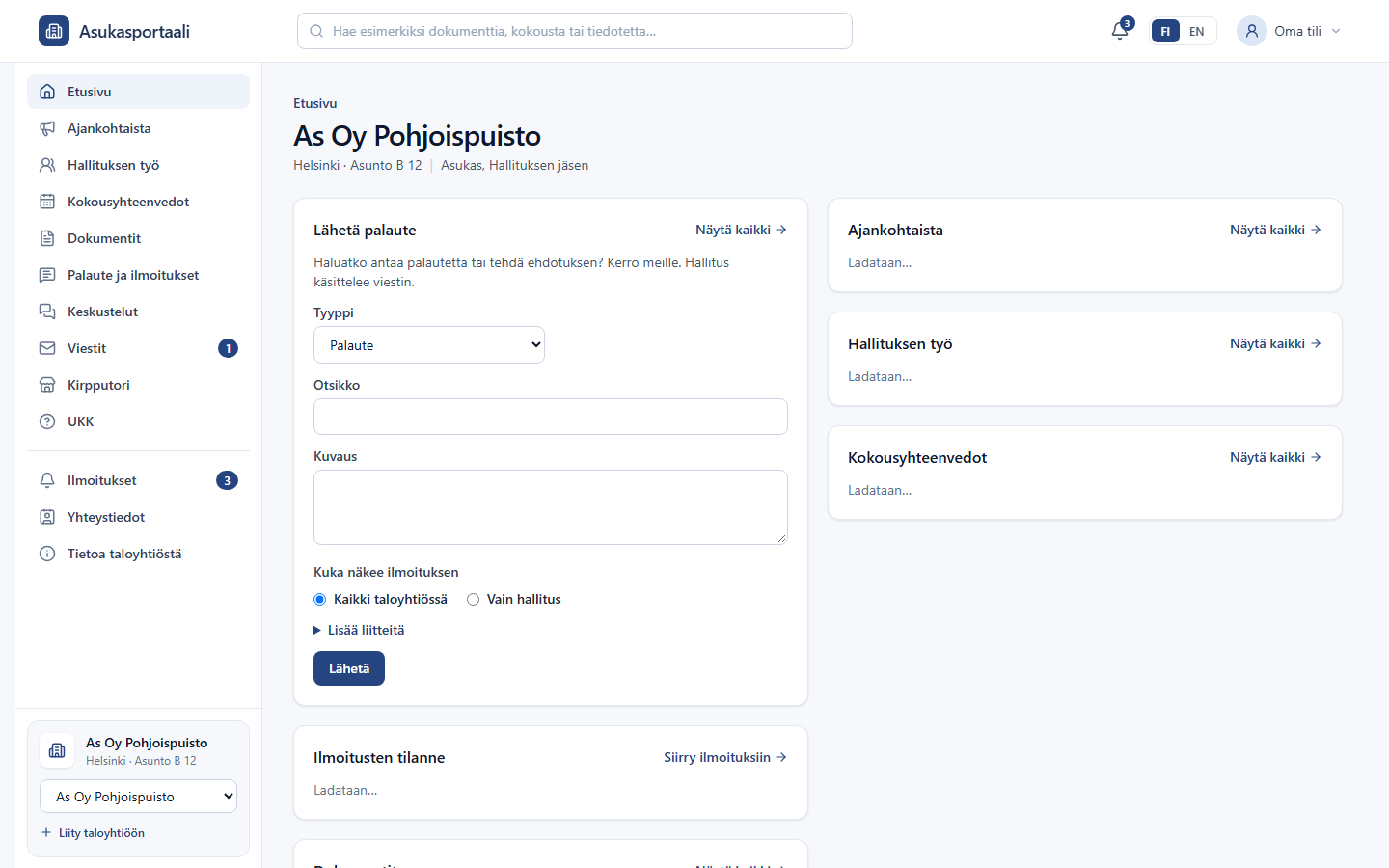 The home page of Asukasportaali on a laptop