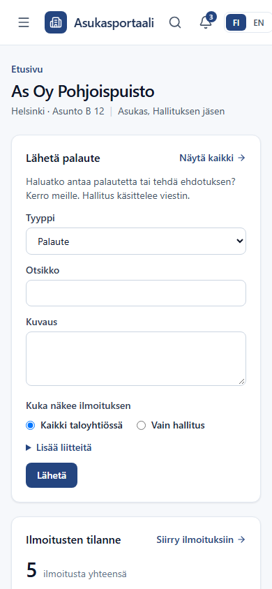 Asukasportaalin etusivu puhelimella